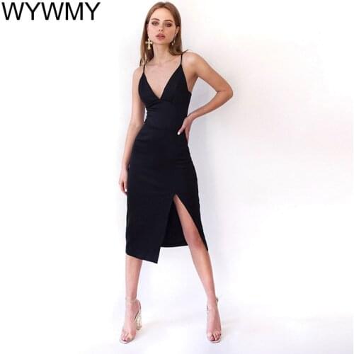 WYWMY Sexy Backless Women Summer Bodycon Dress Deep V Neck Camisole Dress Spaghetti Strap High Split Slim Party Dress For Women