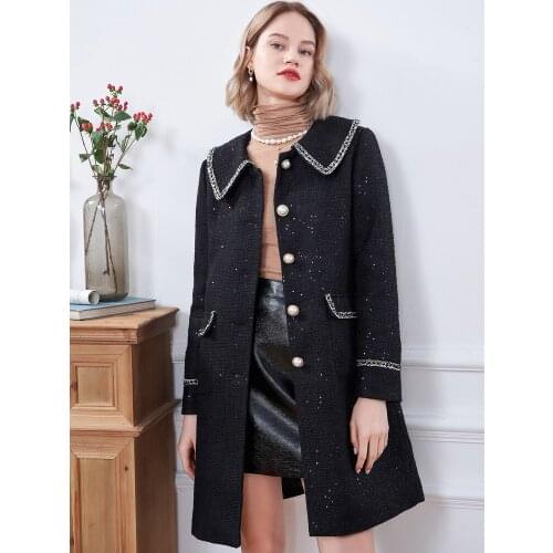 Womens Clothing 2021 Winter New Fashion Sequin Small Fragrance Doll Collar Straight Tube Overcoat