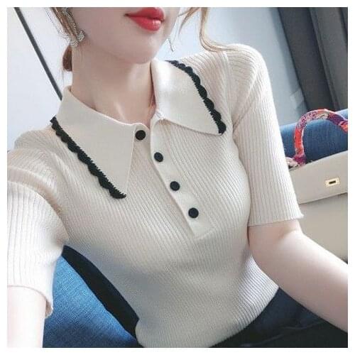 Peaked Lapel White Summer beauty Thin Office Lady Cloth Women T-shirts Knitting Crop Short Sleeve Stretchy T-shirt Ice silk Tops