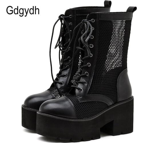 Gdgydh 2021 Spring Summer Women Thick Sole Ankle Boots Lace Up Fashion Luxury Platform Boots Womens High Heels Shoes Air Mesh