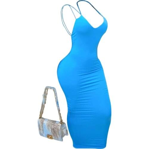 XLLAIS Cotton Material Blue Beach Dresses Women Sexy V-Neck Sleeveless Bandage Slim Vestidos Ladies Backless Holiday Clothing