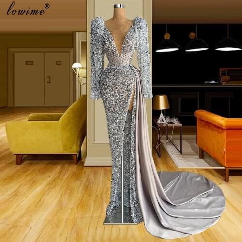 Robe Longue Femme Gray Sequins Evening Dresses Long Sleeves Formal Prom Party Dresses Deep V-Neck Sexy Cocktail Dresses Gowns