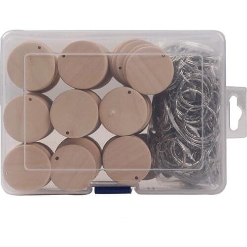 100 Pcs Round Wooden Discs with Keychain Wood Tags with Hole Reminder Record Calendar Wood Chips DIY Crafts Come with Box