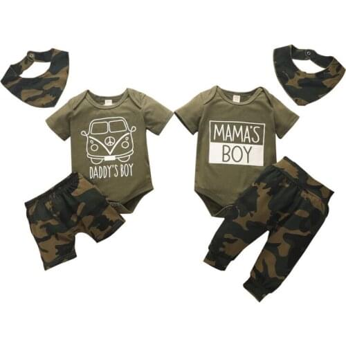 2020 Baby Summer Clothing 3Pcs Baby Boy Suit Set Letter Print Short Sleeve Romper Top Camouflage Print Pants Clothes