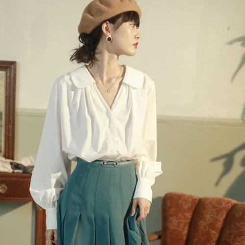 HOUZHOU Turn Down Collar V-neck White Elegant Blouse Autumn Office Lady 2019 Lantern Sleeve Chic Shirt Female Vintage Casual