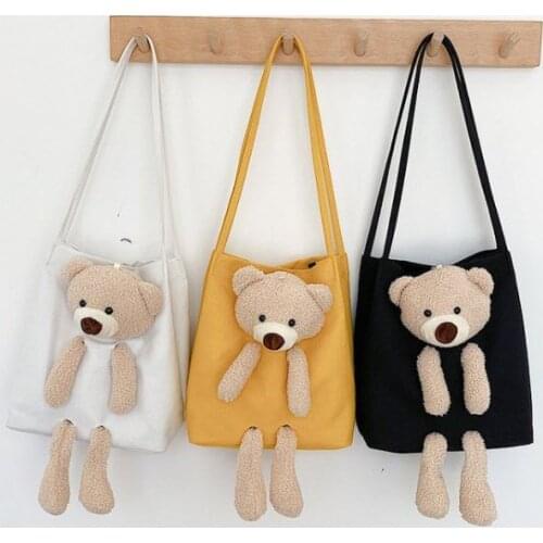 Cartoon plush bear canvas bag shopping bag for students lovely bear bag high fashion canvas bag