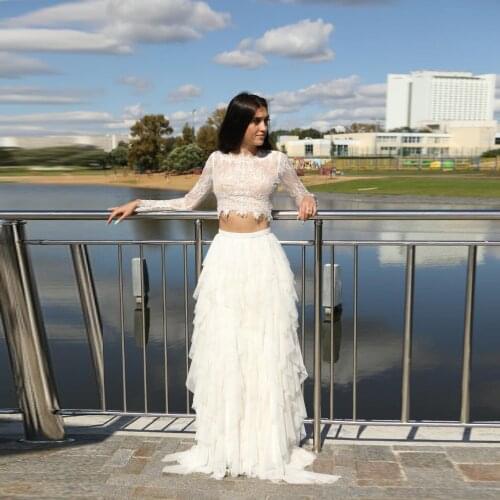 Fashion Casual White Elegant Skirt Tulle Floor Length High Split Ruffle Layered Elastic Waist Women Skirt Plus Size Custom Made