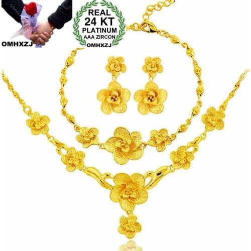 OMHXZJ Wholesale European Fashion Woman Girl Party Wedding Gift 24KT Gold Stud Earrings+Bracelet+Necklace Jewelry Set JE12
