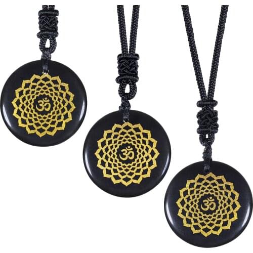 Engraved Black Obsidian Crystal Stone Necklace for Women Men Healing Crystal Amulet Round Stone Pendant for Protection with Adj