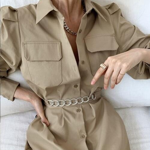 2021 Safari Style Autumn Retro Khaki Lapel Single-breasted Metal Chain Sashes Shirt Dress Puff Long Sleeve Waist Maxi Vestido