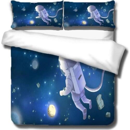 Summer Polyester Microfiber 2/3 Pcs Bedclothes Cartoon Astronauts In Outer Space Pattern Duvet Cover with Pillowcases