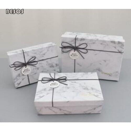 Fresh And Fashionable Party Wedding Festival White Marbling Simple Bow Scarf Cosmetics Promotion Rectangular Gift Box B150D