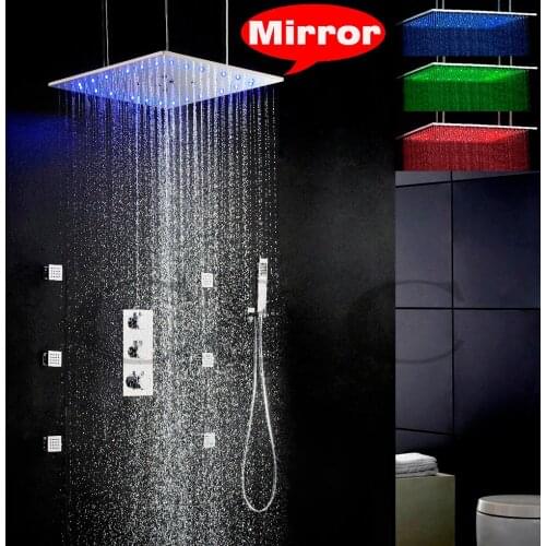 Thermostatic Bathroom LED Shower Faucet Set Ceil Mounted 3 Colors LED Temperature Sensitive Swash And Rain Shower Head