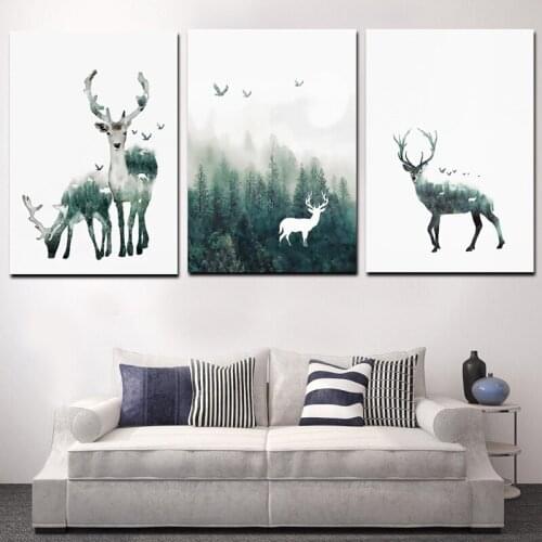 Triptych HD Print Abstract Watercolor Deer Elk With Woods Landscape Canvas Painting Animal Poster Wall Picture For Living Room