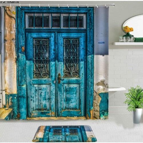 Retro Rustic Old Vintage Wood Door Shower Curtains Set Waterproof Bathroom Decor Toilet Non-slip Carpet Mat Bath Bathtub Screen