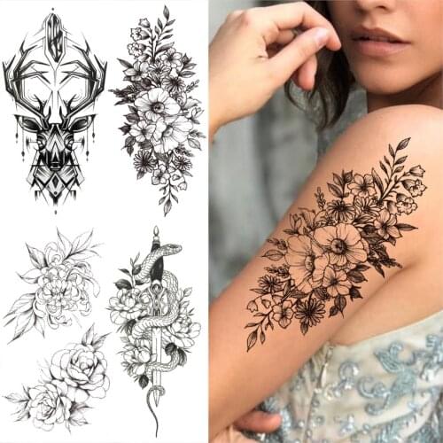 Daffodil Flower Temporary Tattoos For Women Men Realistic Fake Deer Marigold Mamba Snake Tattoo Water Transfer Half Sleeve Tatoo