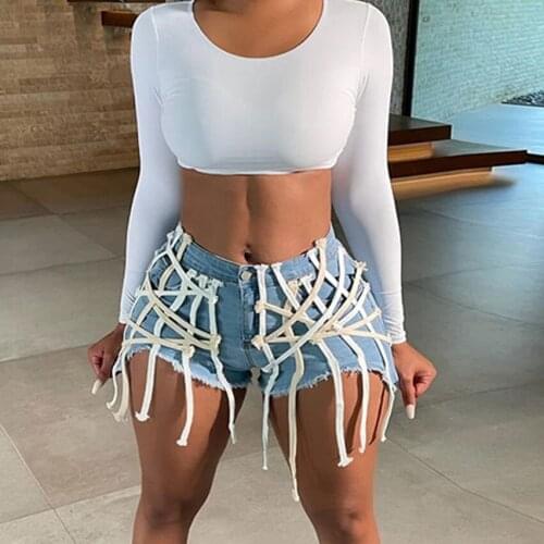 SEASONS Tassel Rope Denim Shorts Women Cotton Skinny Pocket Tight Jean Shorts Fashion Streetwear Summer Casual Outfits ASSH83099