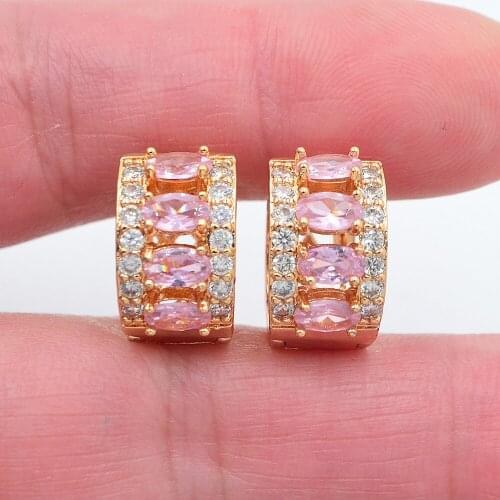 Gold Color Women Lovely Pink Cubic Zirconia CZ Huggie Hoop Earrings Jewelry