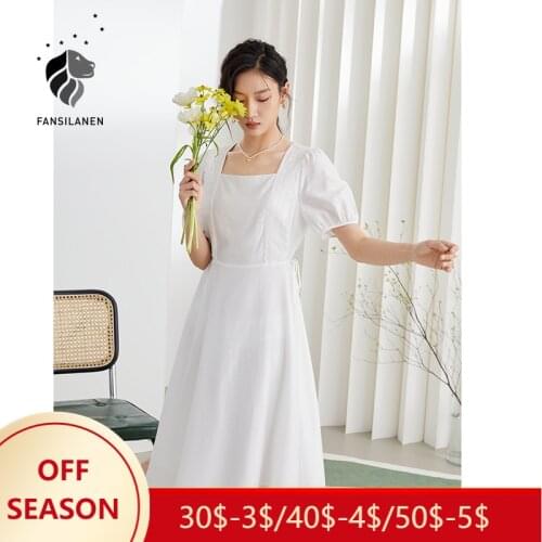 FANSILANEN Office Lady Sweet Lace Square Collar High Waist Dress Summer 2021 New White Puff Sleeve Chiffon Skirt Korean Dress