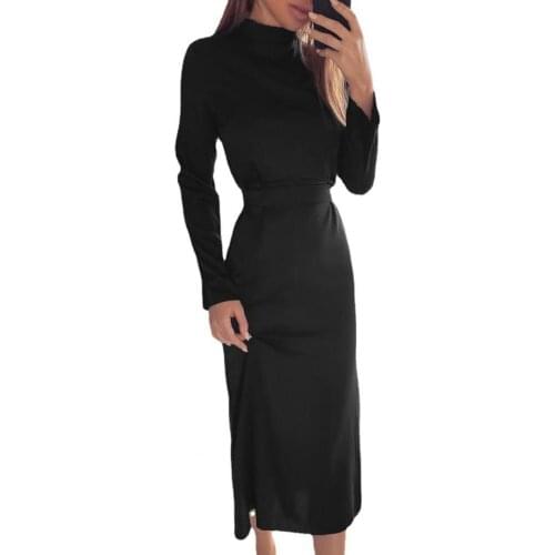 2021 Casual Lady Dress Solid Color Round Neck Turtleneck Autumn Long Sleeve Lace-Up Waist Tied Comfy Dress Streetwear for Office