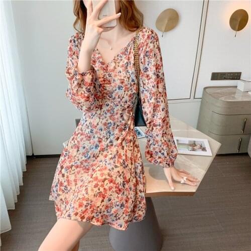 Woman Dress 2020 Autumn New Chiffon Floral Printed Dress Female Fairy Dresses Retro French Short Dress Sexy Long Sleeve Dress
