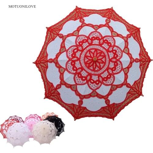 Embroidery Lace Bridal Umbrella Parasol Black Red White Cotton Sunshade for Bride Wooden Handle Wedding Decoration Umbrella 2019