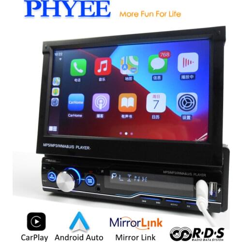 1 Din Carplay Radio Car Audio Bluetooth Handsfree Stereo Receiver Mirror Link MP5 USB TF 7" Touch Screen Head Unit PHYEE T100C