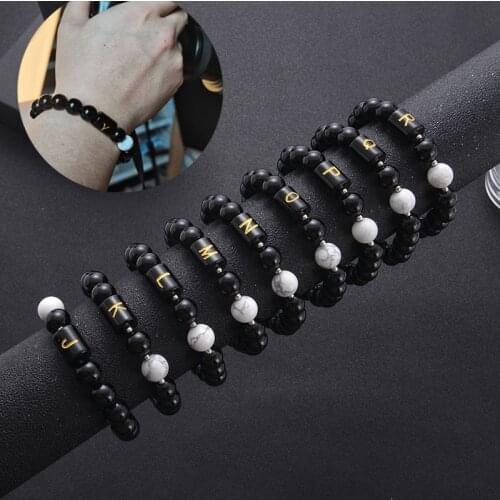 10MM Black Agate Obsidian White Howlite Natural Stone Beads Bracelet A-Z Letters Elastic Rope Men Bracelet Bangle For Jewelr
