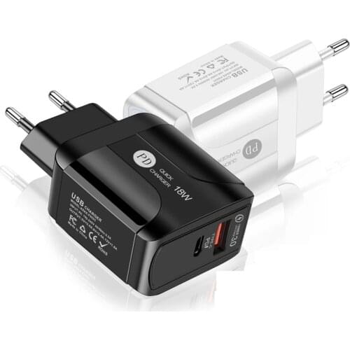 2 IN 1 Quick Charge 3.0 QC PD Charger 18W EU US Plug USB Charger Type C Fast Charger Adapter for Phone Mobile Chargers