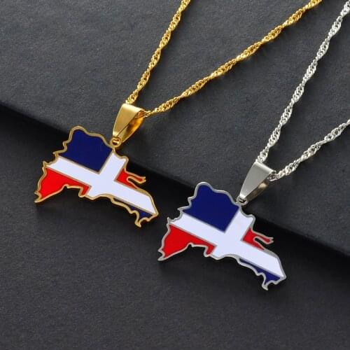 Anniyo Dominican Map Multicolor Flag Pendant Necklaces Dominicans Country Map Jewelry Silver Color/Gold Color #200721