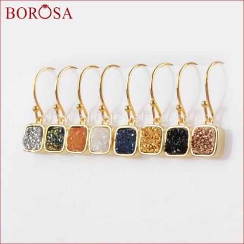 BOROSA Gold Electroplated Edge Square Rainbow Titanium Druzy Charm Earrings Hook Earrings Drop Earrings Drusy Jewelry ZG0158