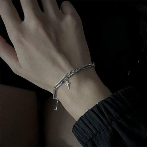 Vintage 925 Sterling Silver Double Layer Box Chain Cross Bead Charm Bracelet &Bangle For Women Wedding Jewelry Party SL015