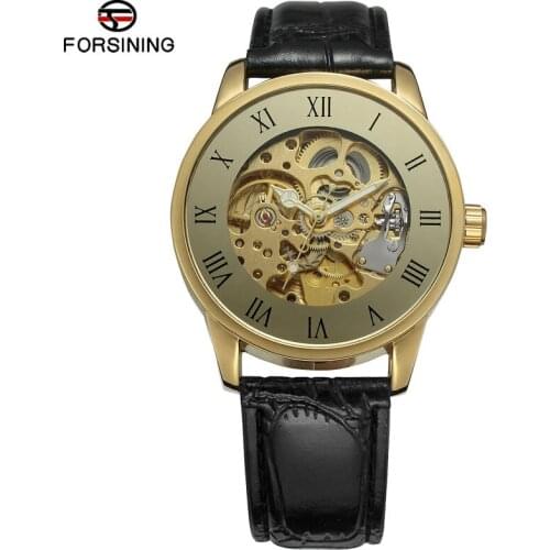 FORSINING New Fashion Mens Watches Skeleton Gold Color Automatic Mechanical Watches Leather Band Men Top Brand Luxury Clock