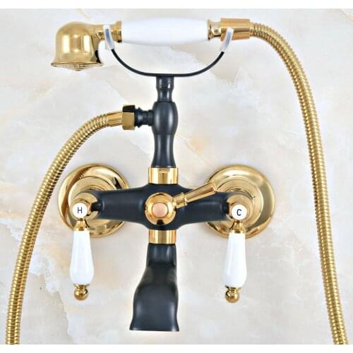 Black Gold Color Brass Wall Mount Bathroom Tub Faucet Dual Ceramic Levers Telephone Style Hand Shower Clawfoot Tub Filler ana422