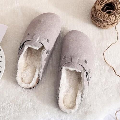 COSMAGIC 2021 New Winter Unisex Cork Slippers Casual Women Plush Inside Men Buckle Nubuck Leather Closed Toe Slide Slip on Shoe