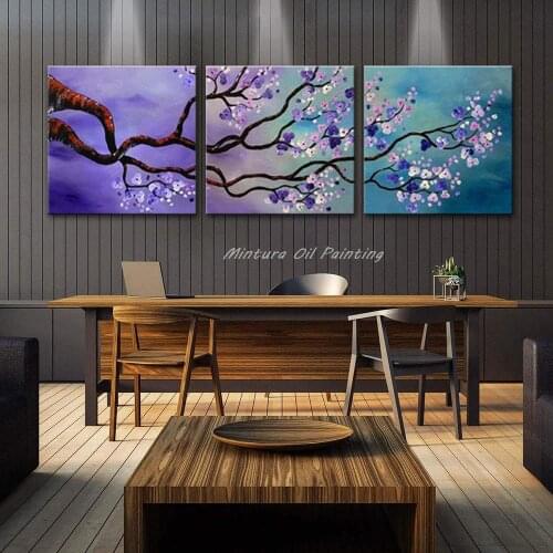 3 Piece 100% Hand Painted Modern Wall Art Home Decoration Tree Flower Oil Painting On Canvas For Living Room Wall Decoration
