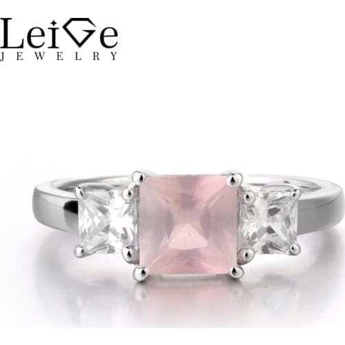 Leige Jewelry Solitaire Ring Real Natural Pink Quartz Ring Wedding Ring Princes Cut Pink Gemstone 925 Sterling Silver Ring Gifts