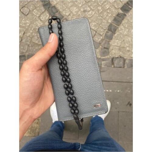 Karali Leather Phone Compartment Gray Genuine Leather Wallet-Kuka Rosary Gift