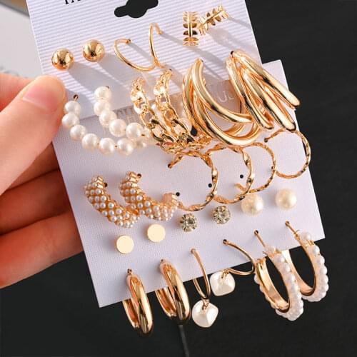 Fashion Womens Earrings Set Korean Geometric Hoop Earrings for Women Vintage Gold Small Metal Pearl Earring 2021 Trend Jewelry