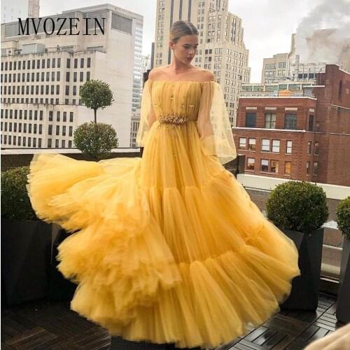 Youthful Yellow Evening Dress Jewel Neck Full Sleeves Hand-Beading Pleat Tulle Prom Dresses For Party Formal Gownsabendkleider