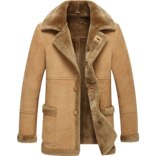 Leather Jacket Men Shearling Coats Mens Fashion Slim Genuine Sheepskin Outerwear Long Parka TJ01