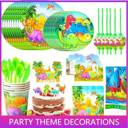 Dinosaur Theme Disposable Party Tableware Sets Kids Happy Birthday Party Decor Cup Plate Napkin Tablecloth Banner Supplies Boys