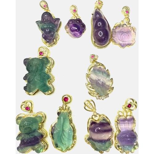 Natural Fluorite Pendant Copper Inlaid Ladies Necklace Fluorite Carvings Jewelry Crystal Stone Bear Angel