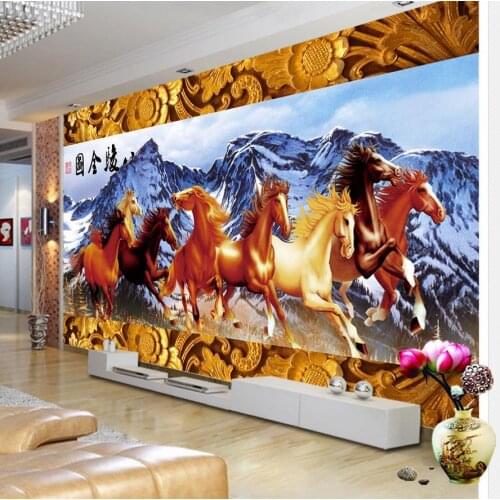 Woodcarving border Snowy Eight Horses TV backdrop stereoscopic 3d wallpaper 3d wall murals wallpaper