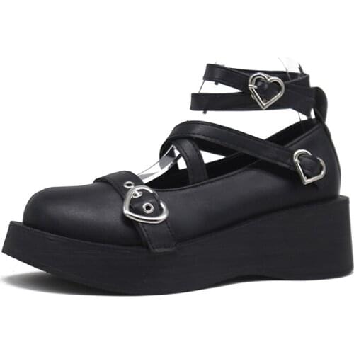 Lolita Gothic Shoes Women Ankle Strap Heart-shaped Straps Cross-Tied Shoes Flat Platform Heels Punk Shoes Mary Janes