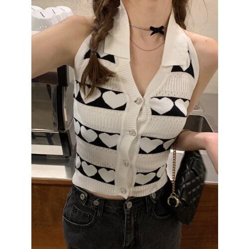 Sexy Sweet Tank Tops Womens Summer Off-shoulder Halter Love Bottons Top Slim Knitted Sleeveless Love Printed V-neck Tanks