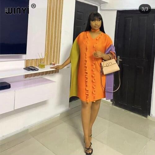 Miyake Pleated Lantern Bat Sleeve 2021 Summer New Temperament Stitching V-Neck Fashion Loose Dress WINYI