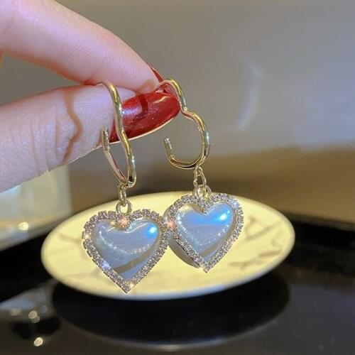Minar Luxury Imitation Pearl Love Heart Hanging Earrings for Women Girl Gold Color Hooks Heart Rhinestones Dangle Earrings Gifts