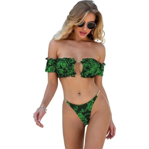 Sexy Swimwear Women Vintage Print Ruffle Design With Chest Pad Bikinis Set Brazilian Bathing Suit 2021 Summer Beachwear