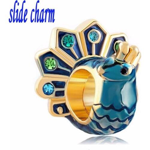 Slide charm Free shipping peacock blue enamel crystal beads fit Pandora charm bracelet animal lover mother for Christmas